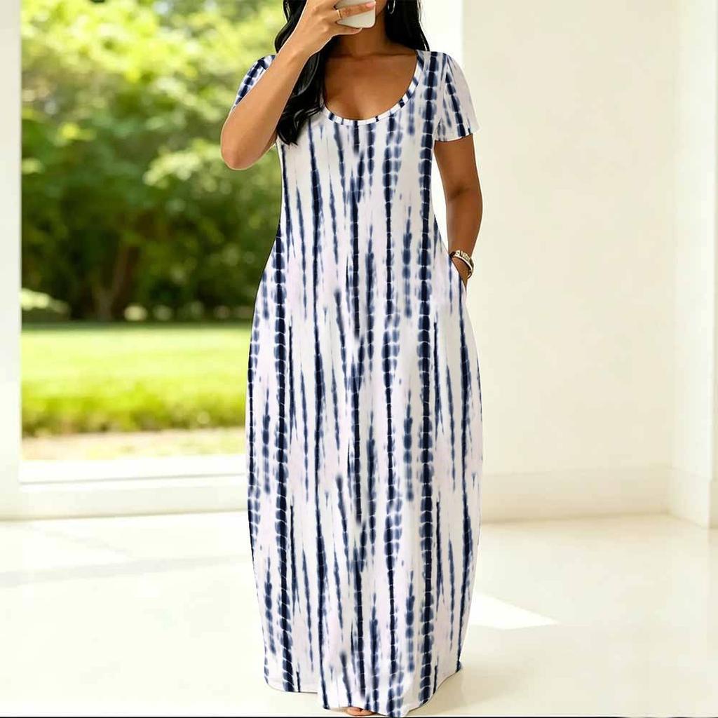 Summer Loose Crew Neck Dress Short Sleeve Plus Size For Ladies Daily Attire