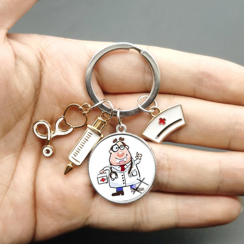 Paint Fashion Creative Nurse Medical Syringe Stethoscope Image Keychain Glass Suitable Nurses and Doctors Key Ring Pendant Gift