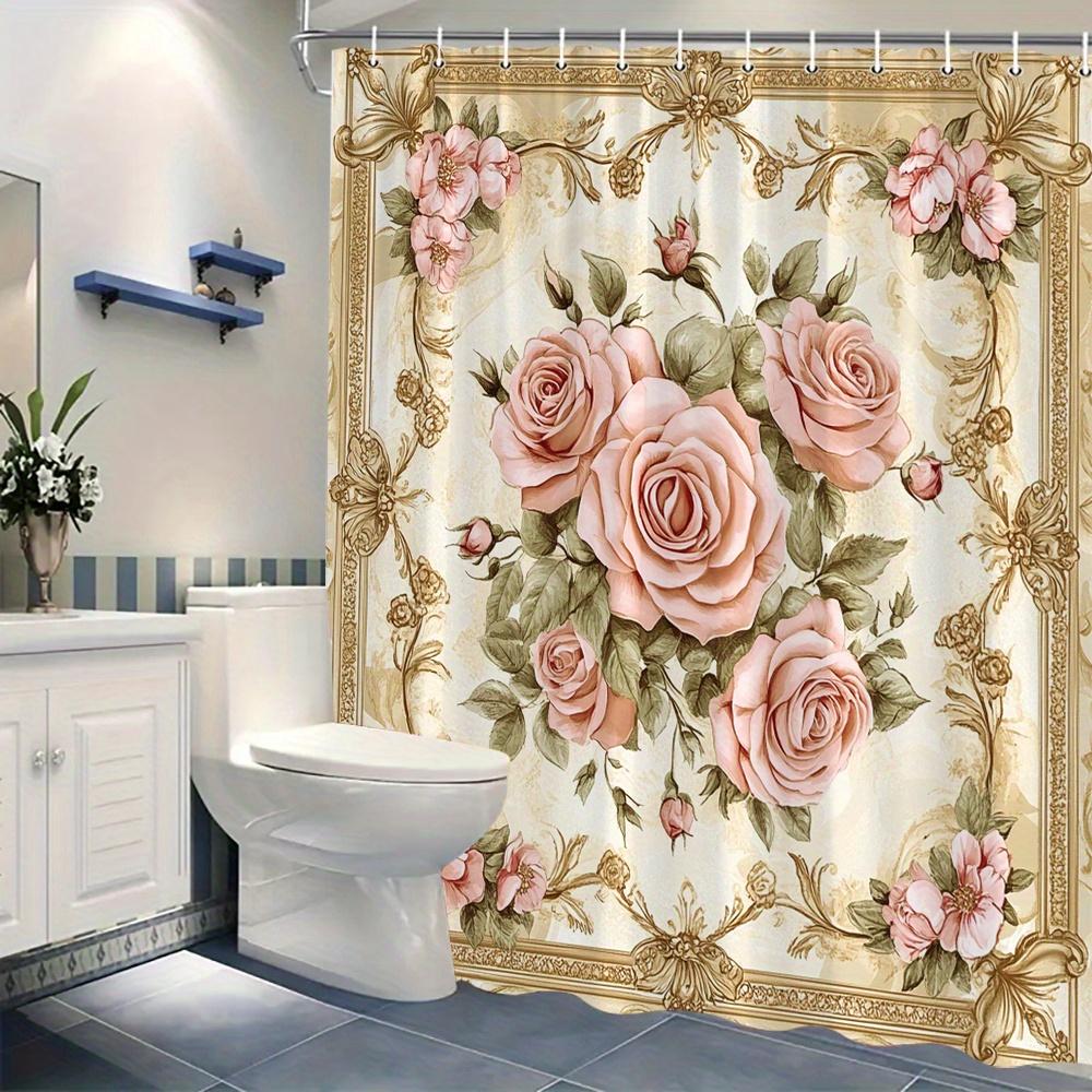 1pc Victorian Floral Shower Curtain - Pink Roses and Lush Green Leaves, Ornate Gold Border, Polyester, Machine Washable