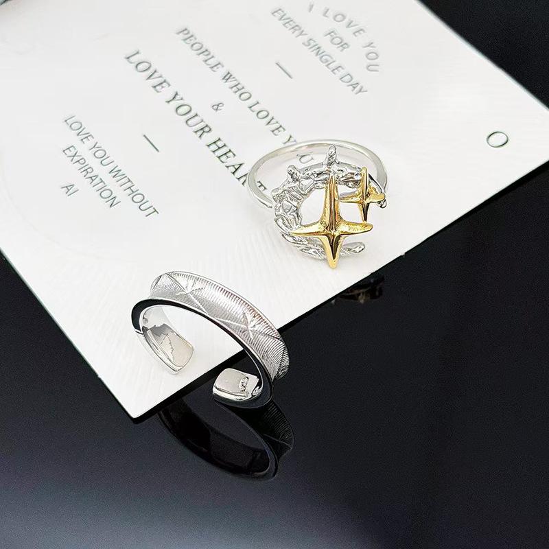 Color Four-Pointed Star, Moon, Star, Open Ring, Light Luxury, Now High-End Index Finger Ring, Stacking, Wearing Personalized Rings, Women