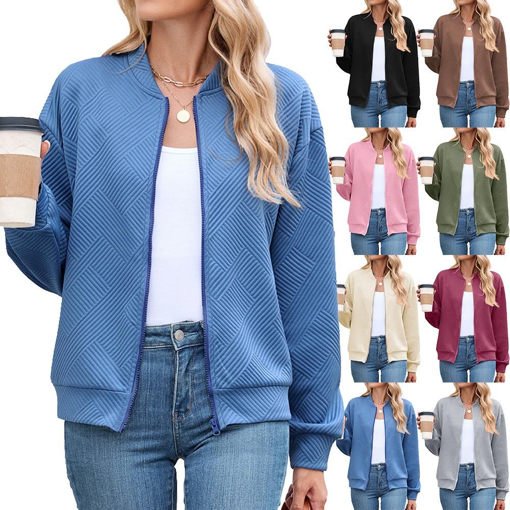 Women's Long-Sleeve Jacket Fall/Winter Solid Color Crew Neck Zipper Loose-Fit Long-Sleeve Sweatshirt Women's Baseball Jacket