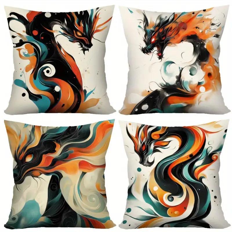 Housse de coussin imprimée thème dragon aquarelle Peluche courte Convient pour salons chambres à coucher canapés Coussin d'appoint 45x45cm