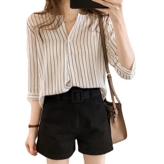 

Летняя рубашка в полоску 45355 рукав женская круглая горловина свободная блузка для свиданий 3XL