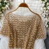 Chic Vintage Hollow Out Sequin Backless Elegant Fashion Sexy Shirt High Street T Shirt Summer Women Blouse Women