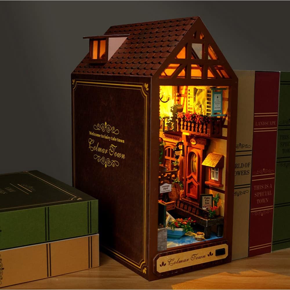 Moin Moin Dollhouse Miniature DIY Kit with LED Light Retro Book Design for Beginners