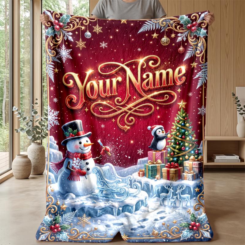 Christmas Custom Name Printed Flannel Blanket Warm Comfort Bed Throw Home Decor Holiday Gift