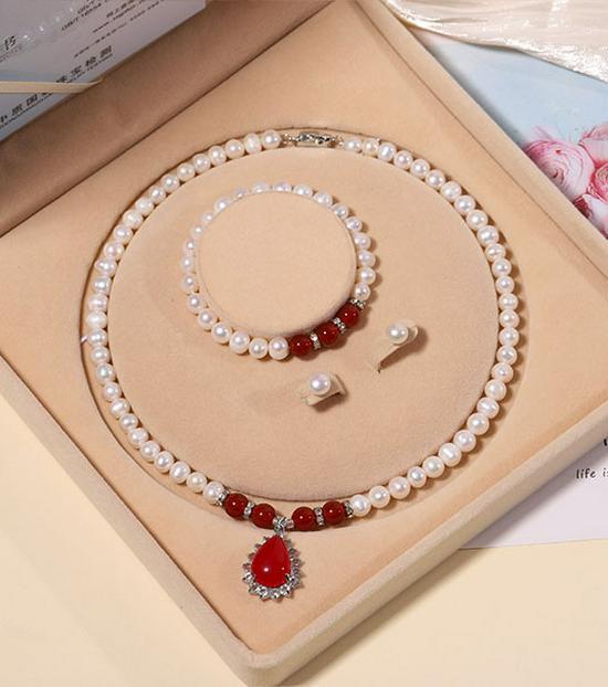 Zhuji Süßwasserperlen-Halskettenset für Damen - Echte Perlen Schlüsselbeinkette - Muttertagsgeschenk