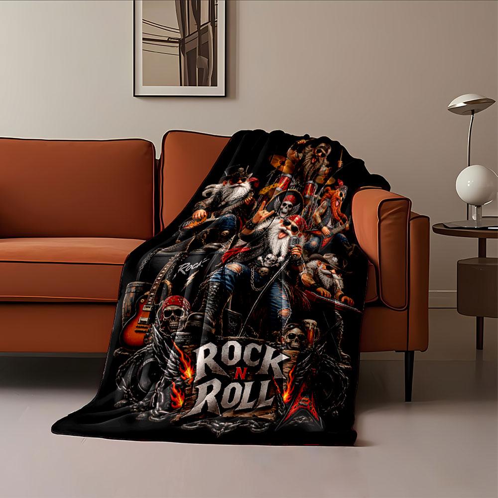 Rock-themed gnomes performing music with instruments surrounded by skulls. for all seasons blanket lunch break throw gift