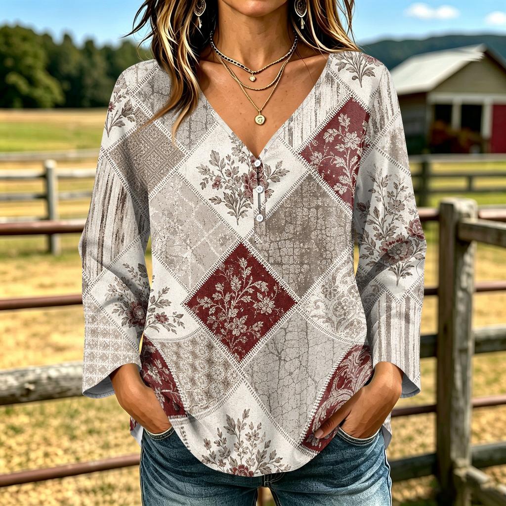Women's Casual V-Neck Long Sleeve T-Shirt with Floral Print, Versatile Everyday Top