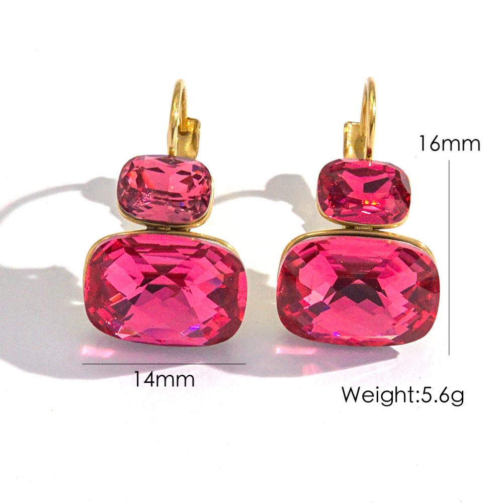 CARLIDANA 18K Gold Plated Stainless Steel Square Shaped Colorful Pink Crystal Stone Stud Dangle Earrings for Women Jewelry