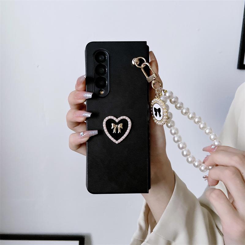 Roztomilý Pearl Love Heart Chain přívěsek Pouzdro na telefon pro Samsung Galaxy Z Fold 4 3 5 Kryt Kožený pant Ochranná pouzdra pro Samsung Z Flip 3 Z flip 4 5