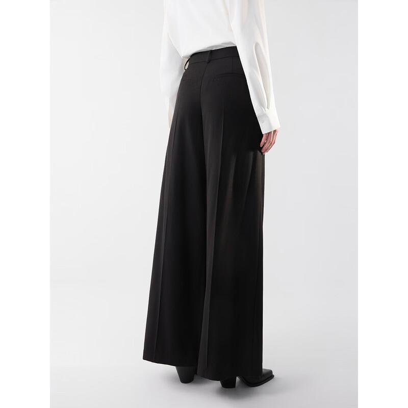 ELLE Women's Black Wool Blend Wide-Leg Casual Pants