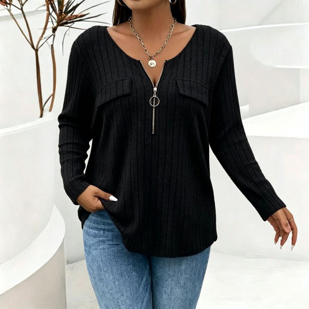 Women's Casual Ribbed Knit Long Sleeve Top with Pockets and Zip Front for Everyday Wear