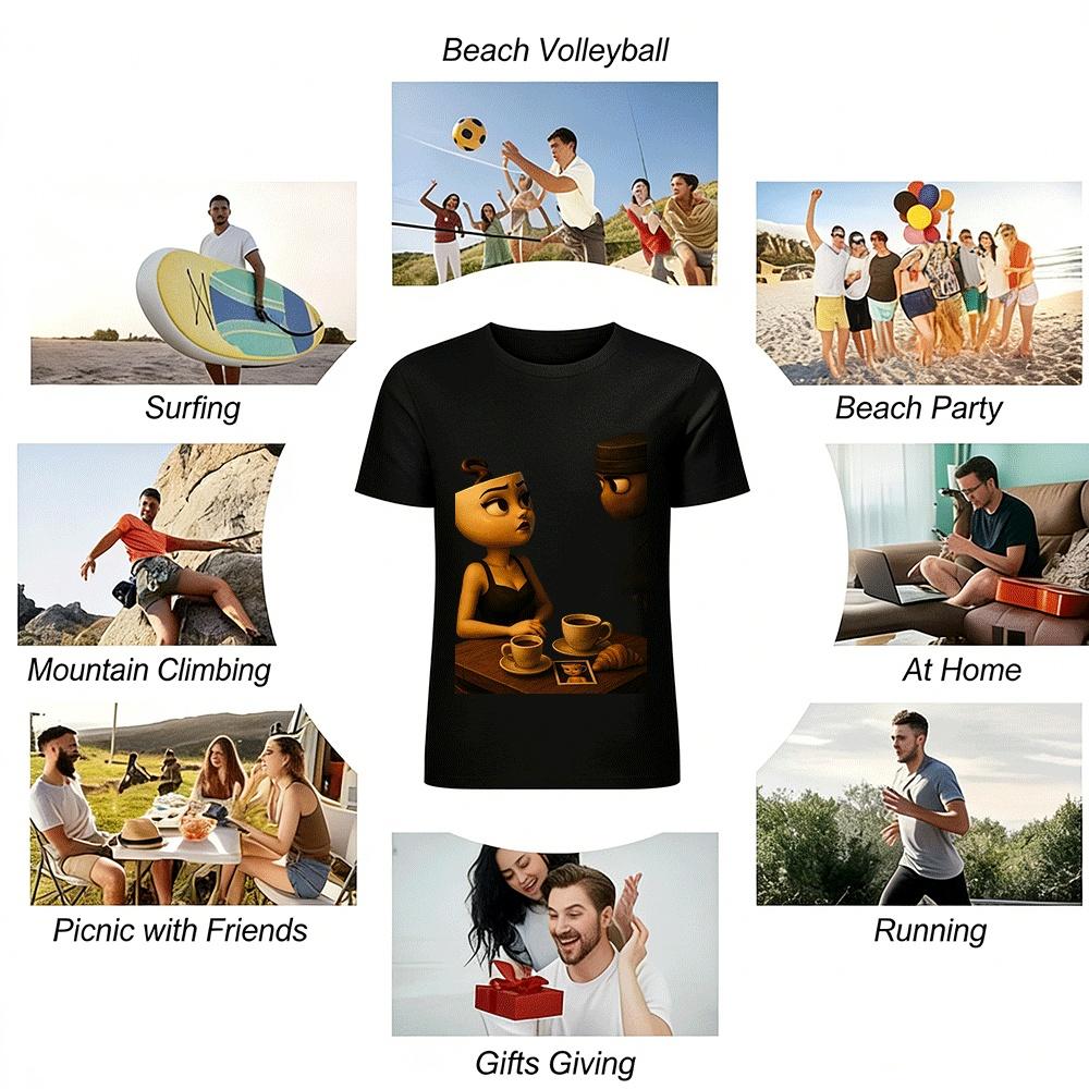 Animated Coffee Cup Couple Print T-shirt Casual Food Culture Top Pure cotton T-shirt