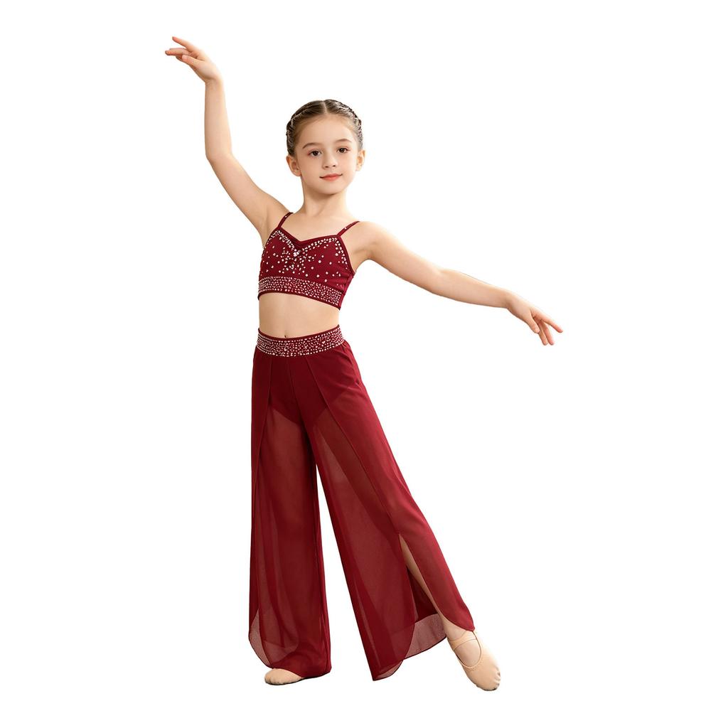 Kids Girls Lyrical Dance Pants Shiny Rhinestone Waistband Side Split Mesh Trousers for Stage Performance Competition