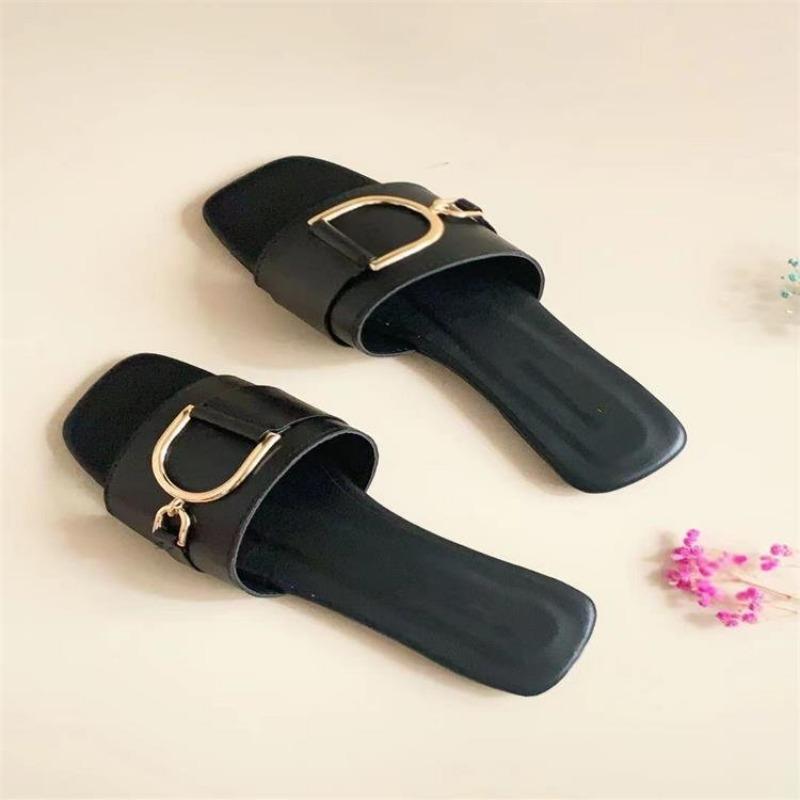 New Color Large Size Square Head Metal Buckle Fluorescent Color Flat Bottom Slippers Women's Shoes Fashion Color