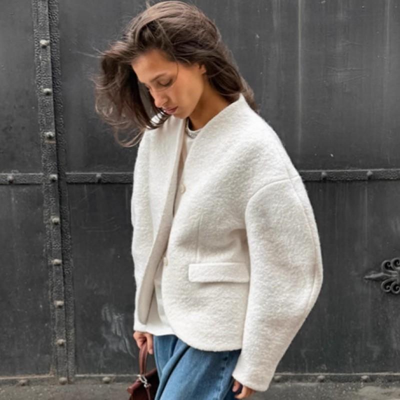 Womens Thick Wool Blend Coat V-Neck Solid Color Elegant Casual Jacket