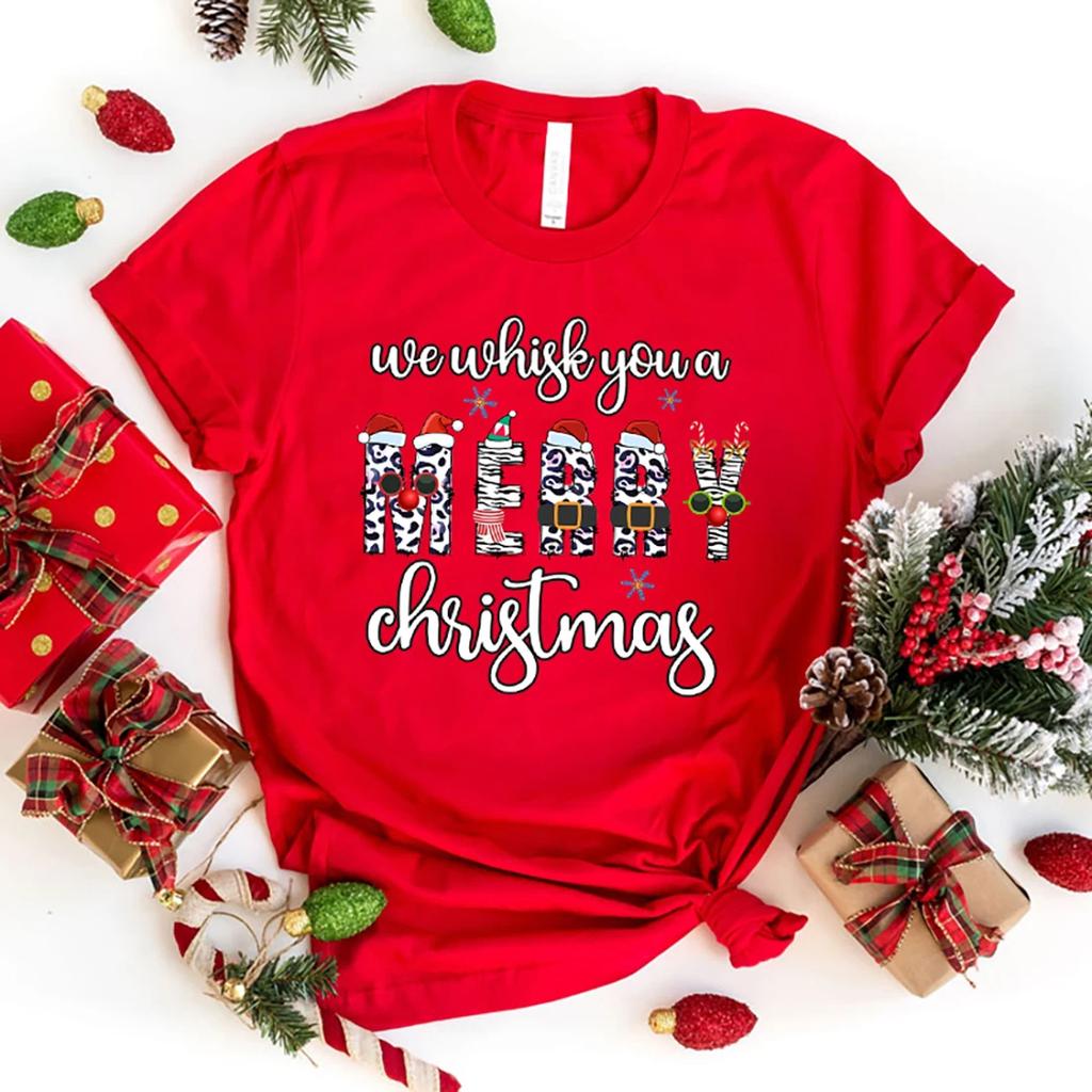 Funny We Whisk You A Merry Christmas Print T-Shirt Women Men Casual Short Sleeve Shirt Fashion Loose Tops