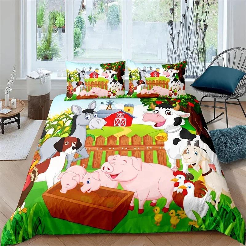 Farm Animal Duvet Cover Kawaii Pig Bedding Set Polyester Pigs Floral Comforter Cover Twin King For Teen Boy Girl Gift Room Decor