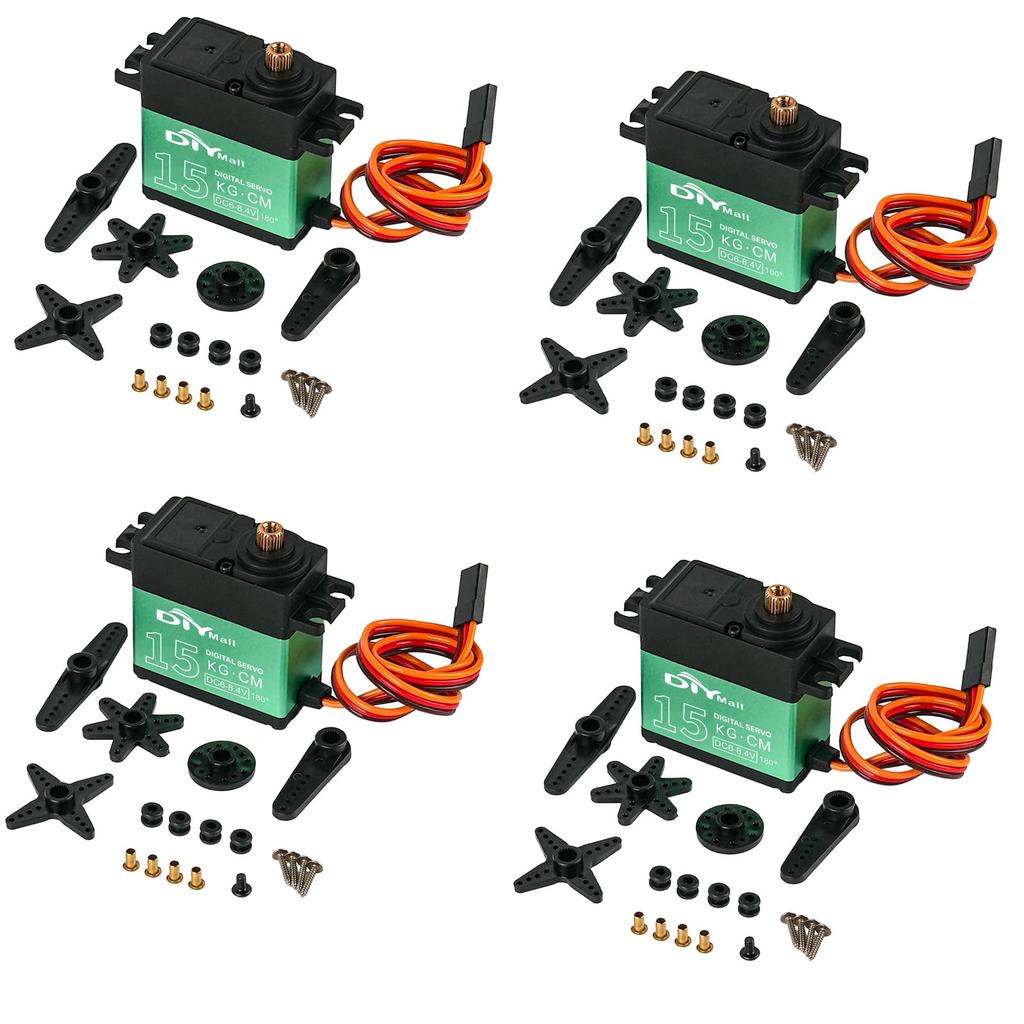 Rcmall 4pcs 15kg/cm 360° Continuous Rotation Metal Gear Digital Servo Motors High Torque for 1/8, 1/10, 1/12 Scale RC Car Robot
