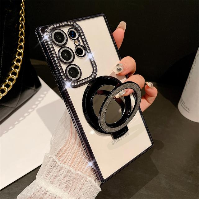 For Samsung Galaxy S24 Ultra Luxury Plating Diamond Frame Flash Mirror Stand Holder Phone Case For Samsung S22 S23 S25Plus Cover