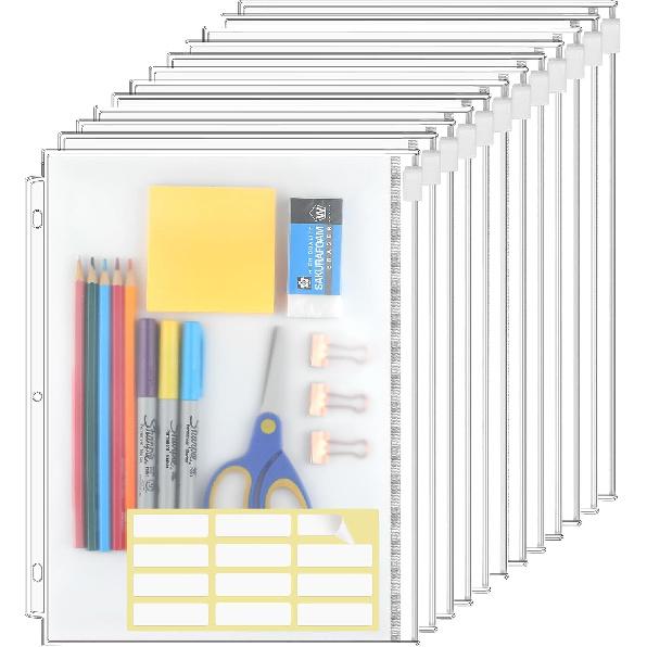 KTRIO Letter Size Binder Pockets 3 Ring Binder Zipper Pouch 12 Pack, 3 Holes Clear PVC Loose Leaf Bags 8.5"×11" Document Folders for Business Office