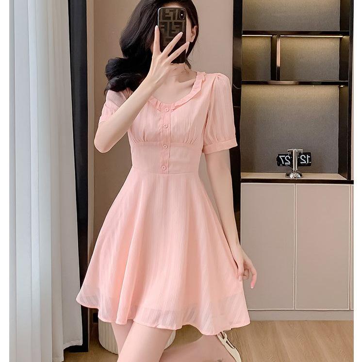 Elegant High-Waisted Pink Chiffon Summer Dress - Youthful and Slimming