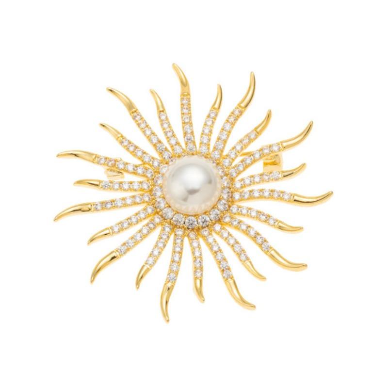 Fashion Rhinestone Jewelry Golden Color Sun Totem Brooches for Women Men Coat Clothing Crystal Sun Flower Brooch Pins