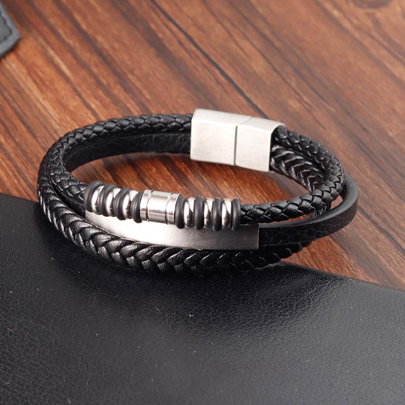 Men's Leather Braided Bracelet Stainless Steel Magnet Buckle Multi-layer Handmade Bangles Retro Simple Bracelet Wholesale