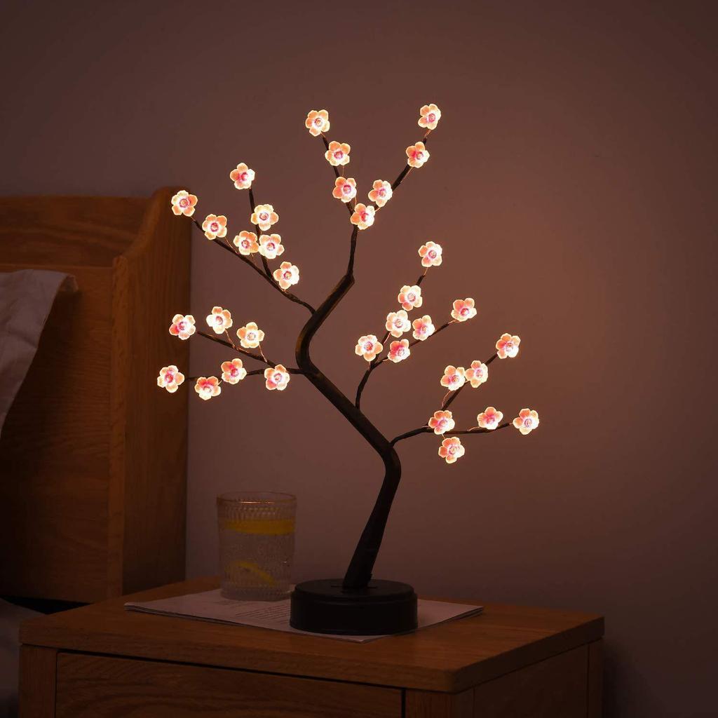 Bonsai LED Table Lamp with Pearl Gold Leaves & Silver Branches - Decorative Night Light & Christmas Tree Decor