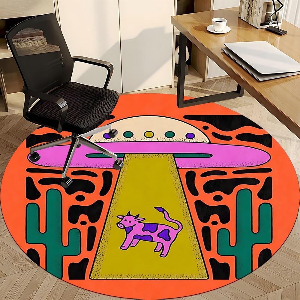 1pc UFO Cow Office Round Area Rug, Indoor Mat Suitable For Office, Under Office Chairs Bedroom Living Room Home Decor, Room Deco