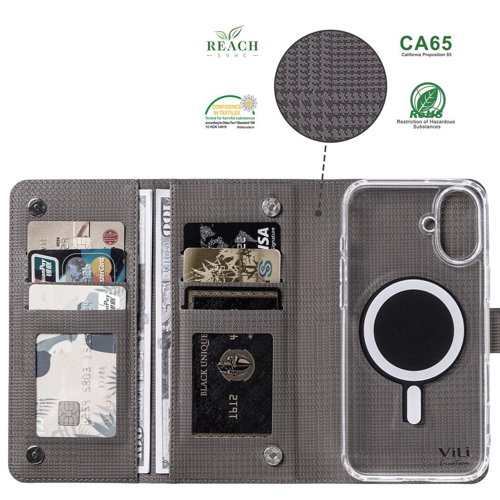 VILI GHA-C Series For iPhone 16 Magnetic Case RFID Blocking Detachable 2 in 1 Leather Phone Cover