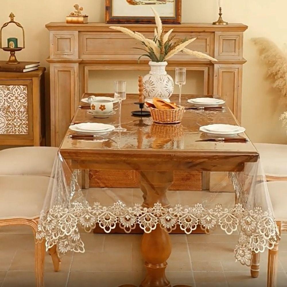 Waterproof PVC Tablecloth Oil Proof Lace Embroidered Dining Table Cover Transparent Rectangular/Square Desk Mat Living Room