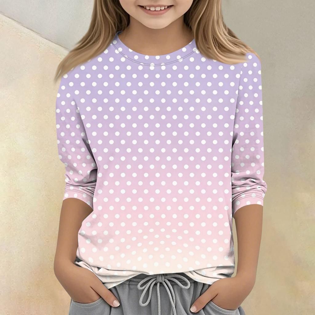 Kids Polka Dot Print Crew Neck Three Quarter Sleeve Casual T Shirt Comfortable Fit Soft Fabric Durable Stitching Suitable for Daily Wear