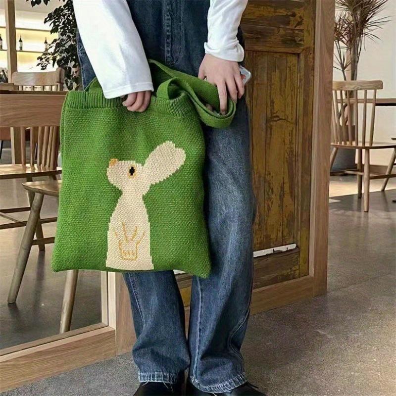 Green Knitted Rabbit Tote Bag, Fashionable Looking Up Rabbit Knitted Bag, Portable Shopping Shoulder Bag