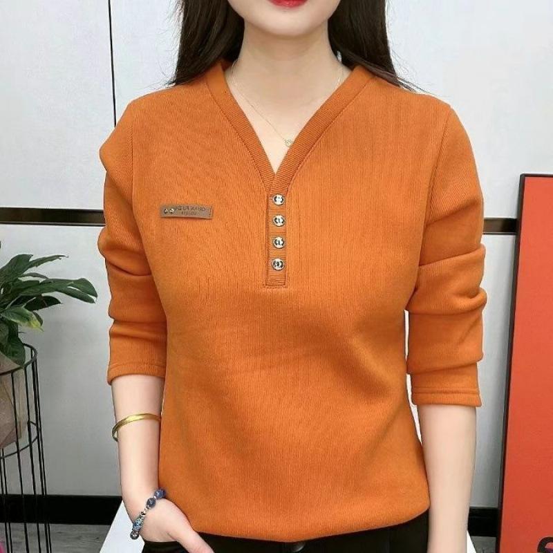 Velvet V-neck Bottoming Shirt for Women, Autumn and Winter Long-sleeved T-shirt, Fashionable and Versatile Elastic Warm Top