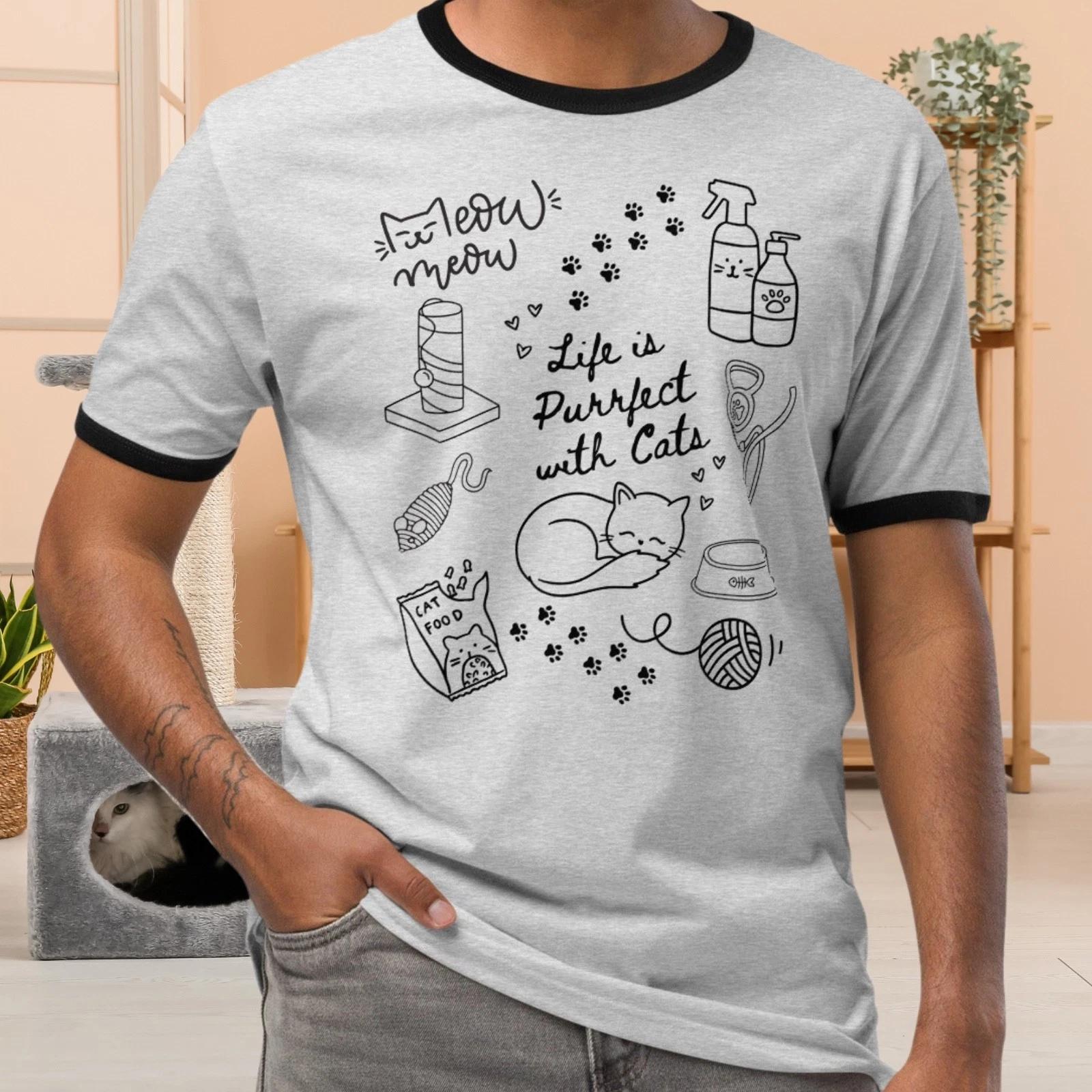 Life is Purrfect with Cats Doodles Ringer T-shirt, Cat Lovers Tee M