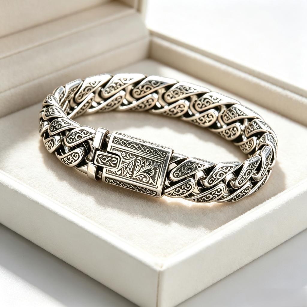 S925 Sterling Silber Old Money Stil Poliertes Kubanisches Gliedarmband Florales Graviertes Armband Anlaufgeschützt Minimalistisches Punk Armband