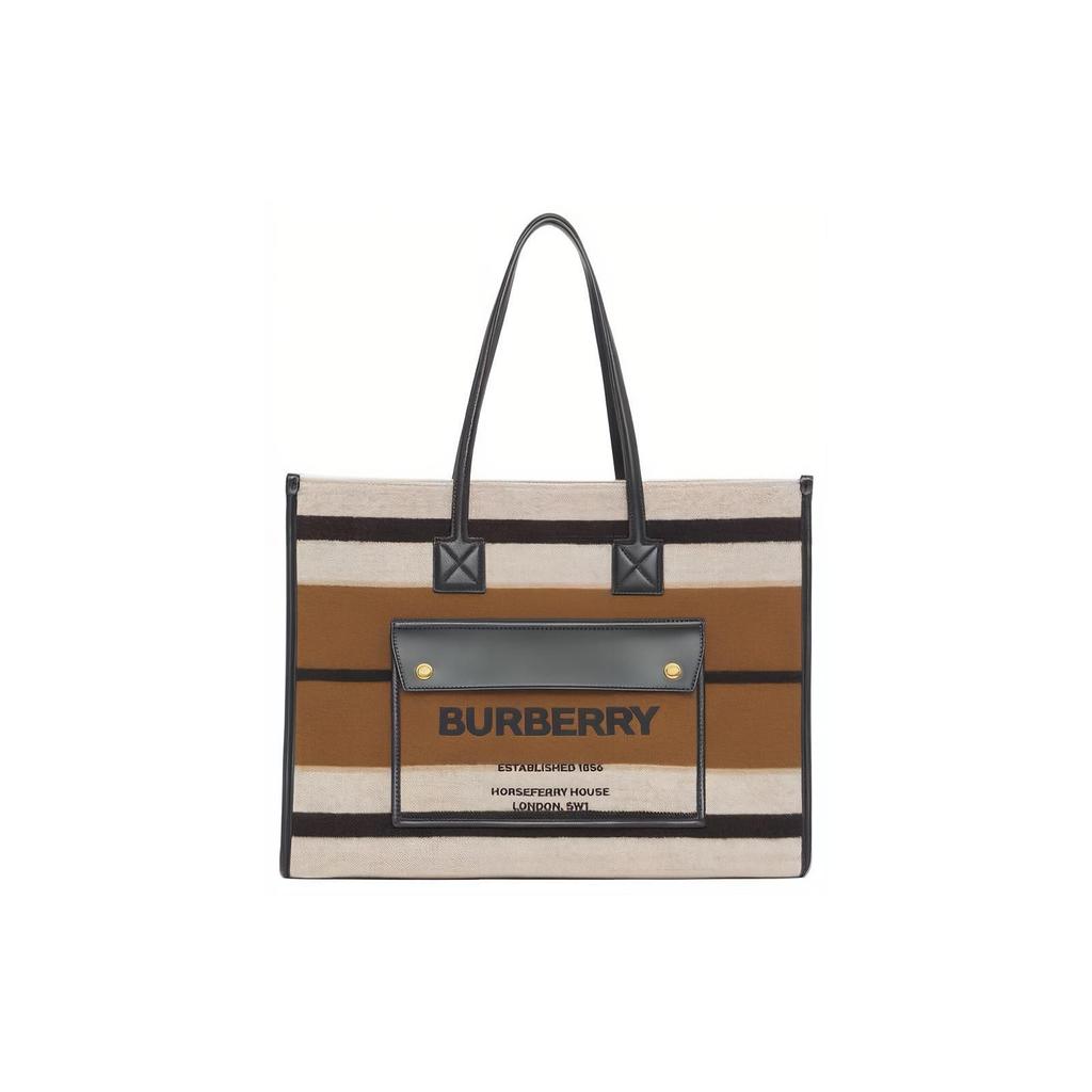 Burberry Freya Striped Wool And Leather Tote Bag Women Tote Bags Brown Black Beige 80490661