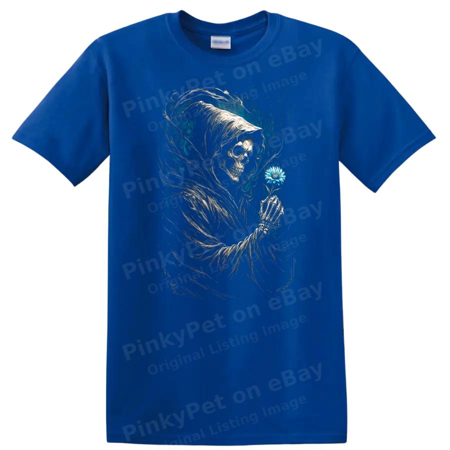 Grim Reaper Holding Flower Graphic T Shirt Dark Art Skull Design Tee
