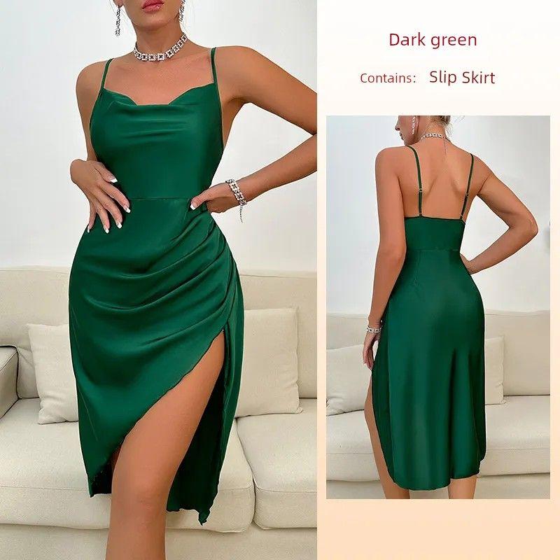 

2025 Fashion Style Pure Color Sexy Nightdress/Swing Collar Seductive Suspender Dress/Sleeveless Split Evening Dress Homewear Dark green L