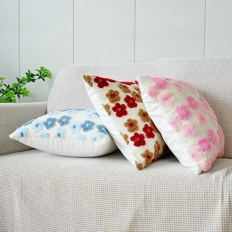 Three-dimensional Flowers Square Pillow Cover Imitation Lambswool Cushion Cover Jacquard Sofa Pillow Case Bedside Cushion Cover
