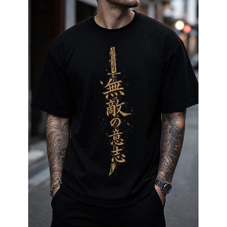 Men s Japanese Katana Graphic Tee, Samurai Warrior Print Short Sleeve T-Shirt, Vintage Distressed Kanji Crewneck Top For Streetwear S чёрный
