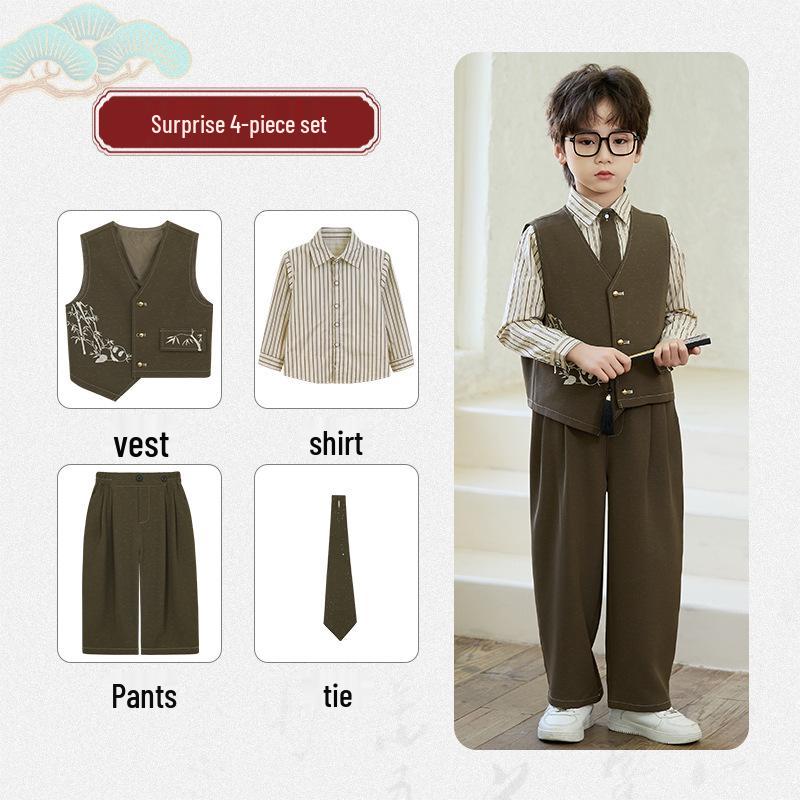 Spring Embroidered Hanfu Vest Set for Boys - Traditional Style Recitation & Performance Outfit