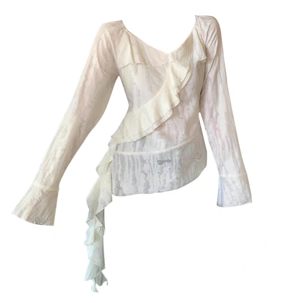 

Bell Sleeve Irregular T-Shirts Women Pleated Retro Mesh Broken T-Shirt Long Sleeve Top Streatwear L абрикосовый