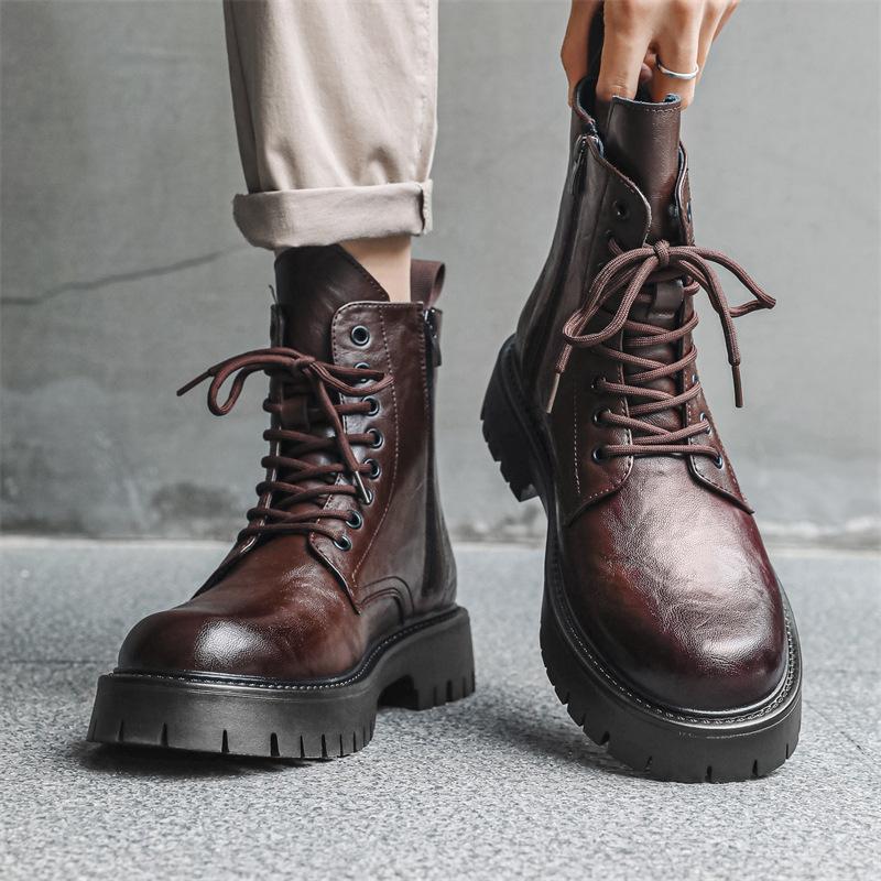 British Style Men Casual Party Nightclub Platform Boots Black Brown Genuine Leather Shoes Cowboy Autumn Winter Boot High Botas