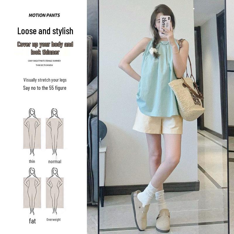 Women's Apricot High-Waist Cotton Linen Cargo Shorts - Summer 2025 Collection: Casual Wide-Leg Mid-Length Design