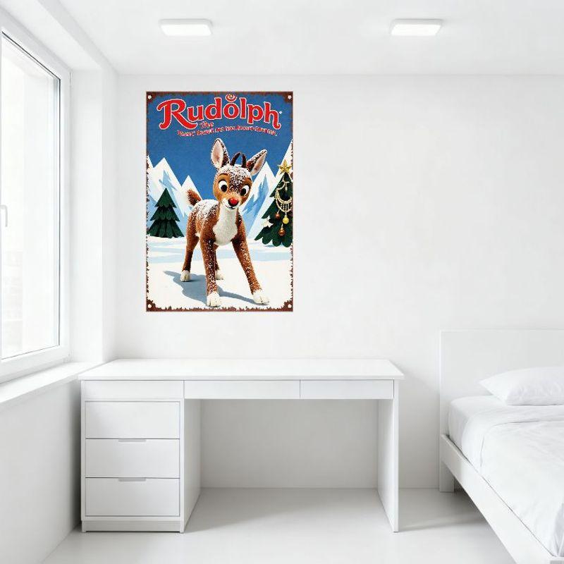 Rudolph the Red-Nosed Reindeer Metal Tin Sign Vintage Christmas Wall Decor Snowy Landscape Evergreen Trees Decoration for Home B