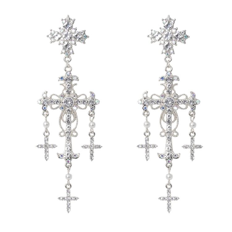 

Rhinestones Earrings Retro Crystal Pearl Crossed Pendant Long Tassel Earrings