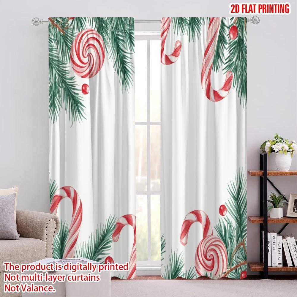 

Set Of 2 Plane Printing Creative Curtains Christmas Swirl Candy Branches Polyester Woven Without Rod Decorations Inside Curtain Made W100*H70(CM)-Hooks&1PCS